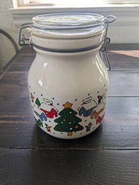 Vintage 1984 Holiday Ceramic Cookie Jar with Christmas Village Design - White